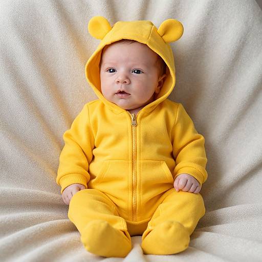 Photograph of a cute baby with light skin, wearing a bright yellow hooded onesie with bear ears, sitting on a white textured blanket.
