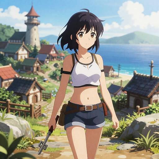 Anime Woman in Coastal Fantasy Village