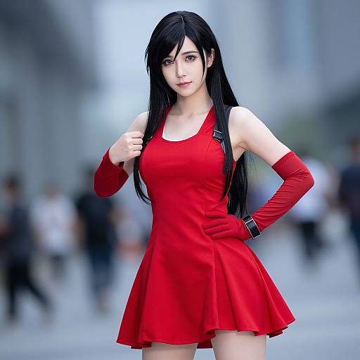 Digital art of a young, fair-skinned woman with long black hair, wearing a red dress, matching gloves, and standing confidently in a blurred urban
