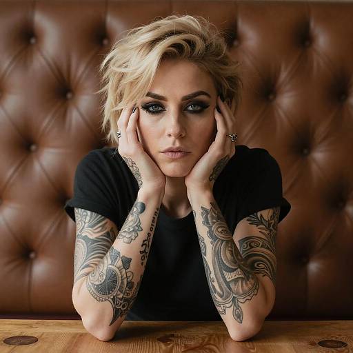 Tattooed Woman Portrait at Table