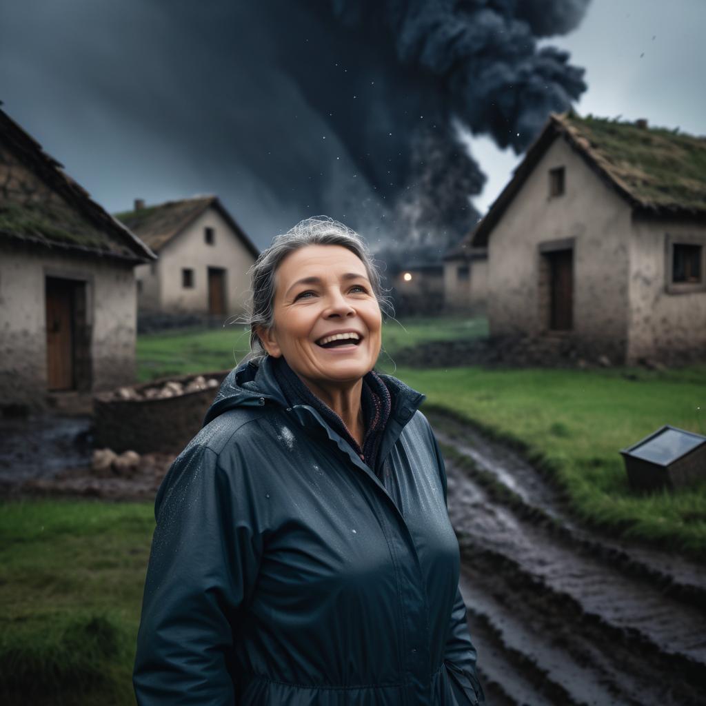 Joyful Woman Amidst Stormy Village Scene