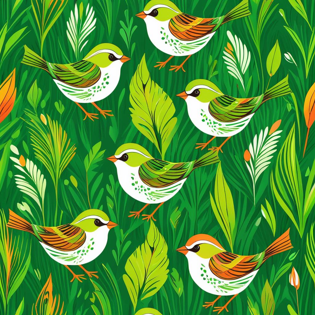 Vibrant Joyful Sparrows in Grass Illustration