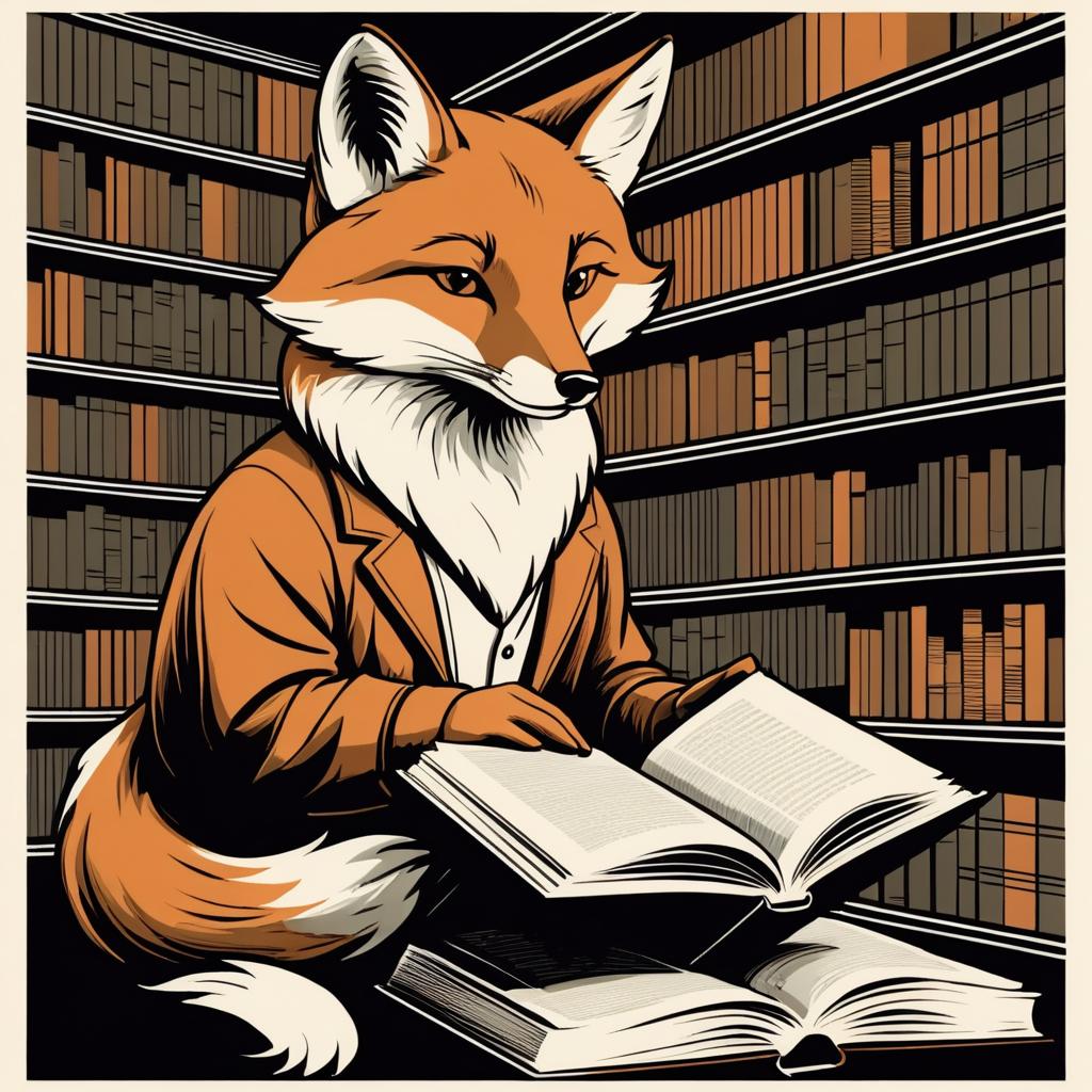 Vintage Fox Reading in a Library