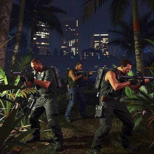 Three muscular, armed, black-clad men in a nighttime cityscape with palm trees and illuminated skyscrapers, crouching and aiming rifles.