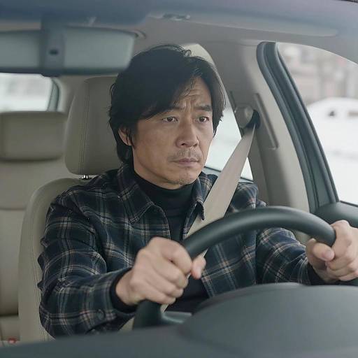 Focused Asian Man Driving in Snow