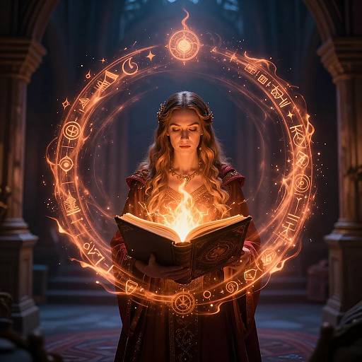 Magical woman with long, wavy hair, dressed in dark, ornate robes, reads an open book surrounded by glowing, circular runes in a