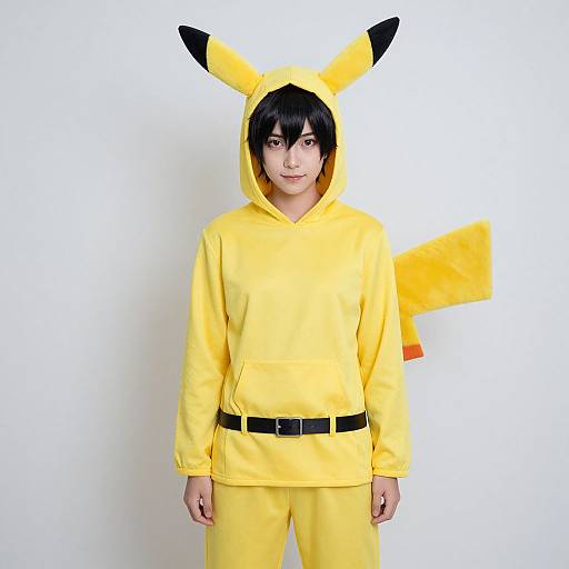 Photograph of a young man in a bright yellow Pikachu cosplay outfit with black-tipped ears, hood, and belt, standing against a plain white background