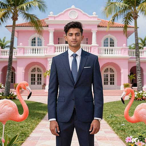 Photograph of a young man in a dark navy suit with white shirt and blue tie, standing in front of a pink mansion, flanked by two