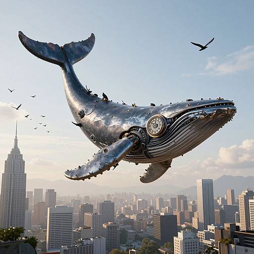Photorealistic digital artwork of a metallic, whale-shaped aircraft with birds and clock-like eye soaring above a sunlit cityscape.