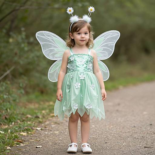 Photograph of a young girl in a mint green fairy dress with white floral accents, translucent wings, daisy headband, and white shoes, standing