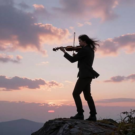 Silhouetted musician with long hair playing violin on rocky mountain peak at sunset, against a colorful, pink and purple sky.