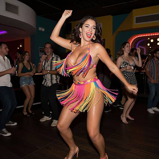Photograph of a smiling Latina woman with curly hair, dancing in a colorful fringe bikini, surrounded by a lively nightclub crowd.