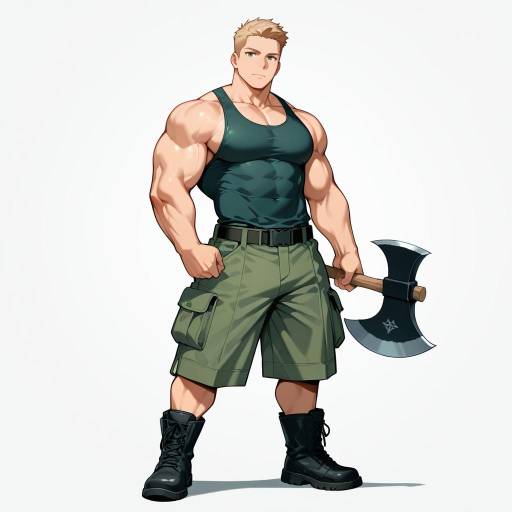 Confident Man Holding Axe in Casual Style Confident Man Holding Axe in Casual Style