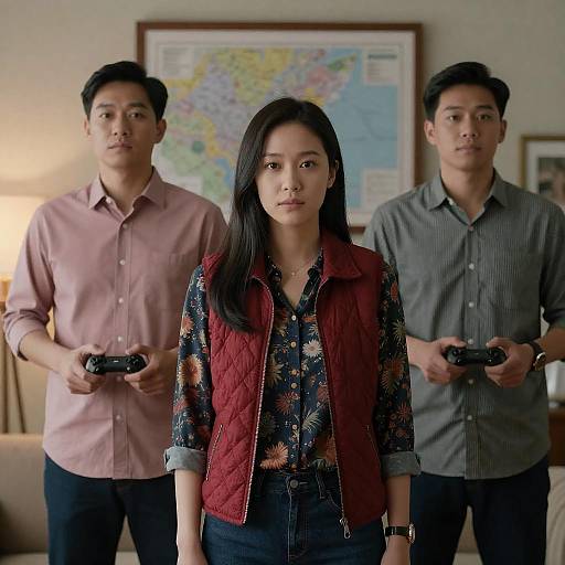 Three Asian Adults in Room with Video Game Controllers