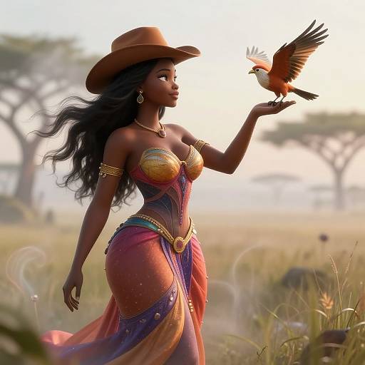 Digital artwork of a dark-skinned, curvy woman in a red-orange, gold-embellished dress, brown hat, and gold jewelry,