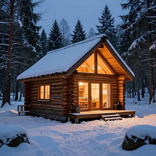 Photograph of a cozy log cabin with warm yellow lights, snow-covered roof, and forest background at twilight, glowing warmly in the winter night.