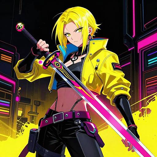 Digital anime-style illustration of a blonde, green-eyed female warrior in a yellow jacket, black gloves, and pants, holding a glowing pink sword in a