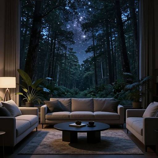 Modern living room with moonlit forest view, featuring gray sofas, black coffee table, potted plants, and a lit lamp.