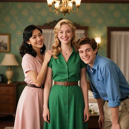 Vintage Room Scene with Smiling Friends