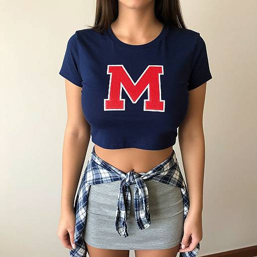 Photograph of a woman with long brown hair, wearing a navy blue crop top with a large red 