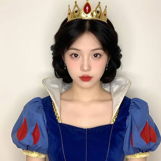 Digital illustration of an Asian woman with fair skin, black wavy hair, wearing a gold crown, red gem, blue dress with puffed sleeves,