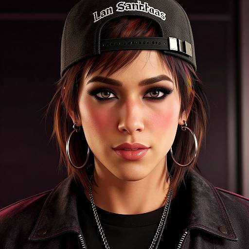 Photograph of a young woman with fair skin, dark brown hair, and green eyes, wearing a black 