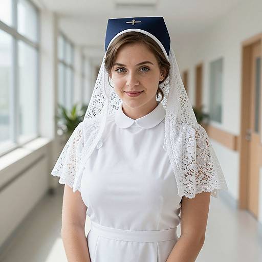 Photograph of a smiling Caucasian woman with brown hair, wearing a white lace-trimmed nurse's uniform and navy nurse's cap, standing in a