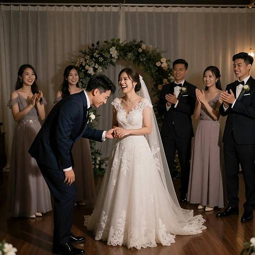 Joyful Wedding Celebration in Dim Lighting