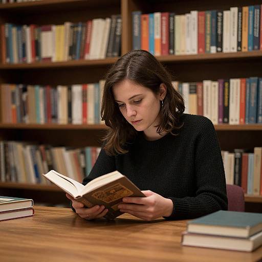 Photograph of a focused young woman with shoulder-length brown hair, wearing a black sweater, reading a book at a wooden library table. Shelves of