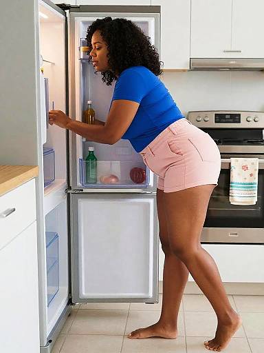 Photograph of a curvy Black woman with curly hair, wearing a blue top and pink shorts, opening a refrigerator in a modern kitchen.