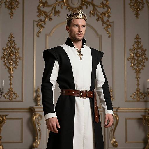 Photograph of a handsome man in a black and white regal robe, gold crown, brown belt, standing in ornate, gold-trimmed