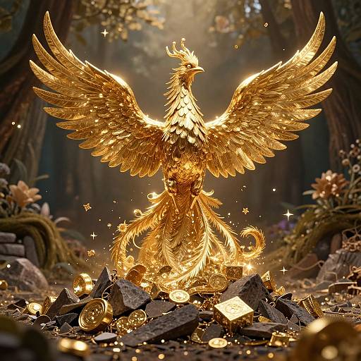 Digital artwork of a radiant, golden phoenix with outstretched wings, standing amidst scattered gold coins and rocks in a magical forest.