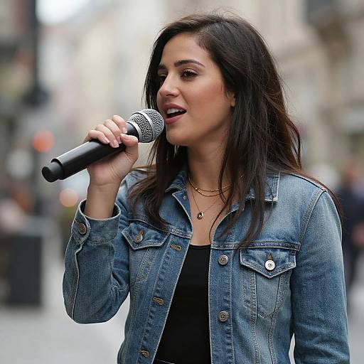 Photograph of a young woman with dark hair, wearing a blue denim jacket and black top, singing into a microphone on a city street. Blurred