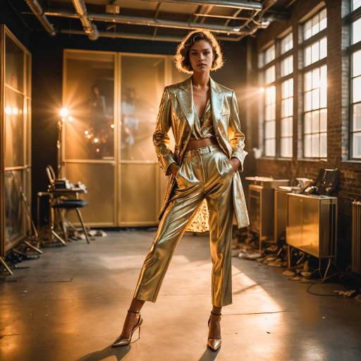 Woman in Gold Metallic Suit Posing in Artistic Studio
