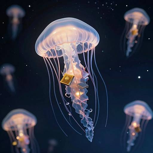 Photorealistic CGI of glowing jellyfish with transparent, pulsing bodies and attached yellow tags, floating in a starlit, dark blue ocean.
