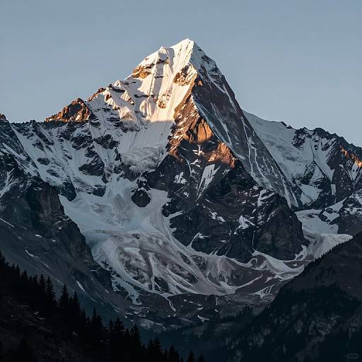 Photograph of a sunlit snow-capped mountain peak with rugged, dark rocky slopes, casting shadows, against a clear blue sky.