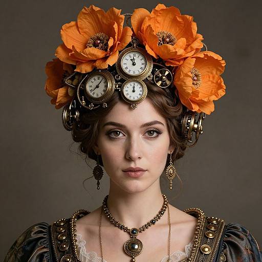 Steampunk portrait of a fair-skinned woman with brown curly hair, wearing a headpiece of orange flowers and clock gears, dark Victorian dress,