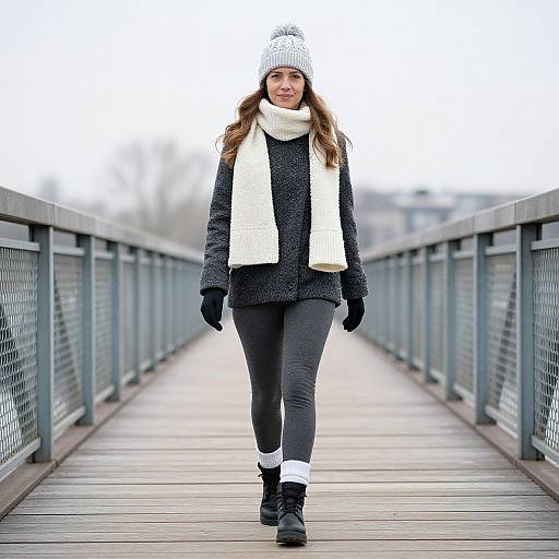 Photograph of a smiling young woman with long brown hair, wearing a white knit hat, black coat, white scarf, black gloves, gray leggings,