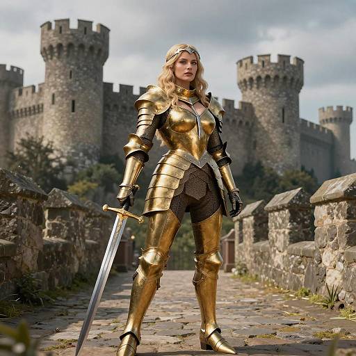 Medieval Woman Warrior in Golden Armor