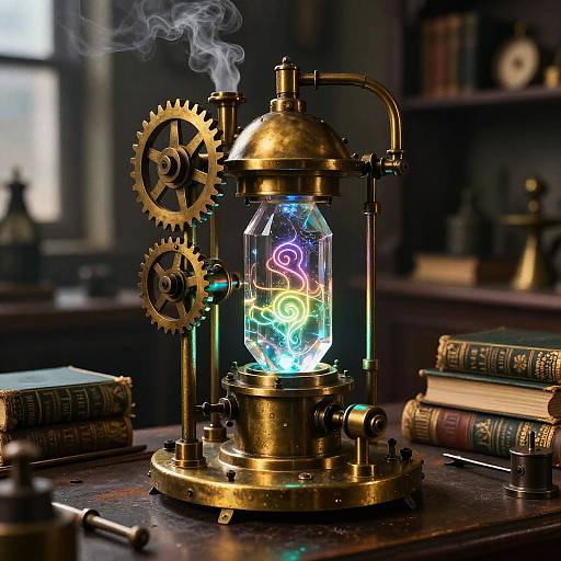 Steampunk-style lamp with glowing neon gears and smoke, on a wooden desk with books, in a dimly lit library.