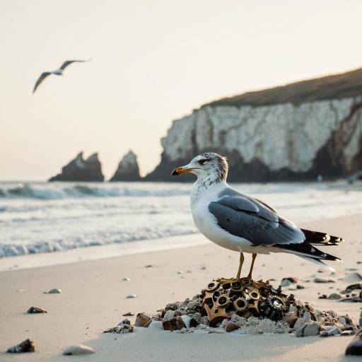 Seagull Perched on Steampunk Gear on Sandy Beach