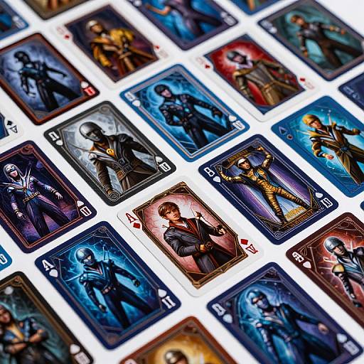 Photograph of a card game featuring detailed, colorful, comic-style cards with characters in dynamic poses, including Jack and Ace cards.