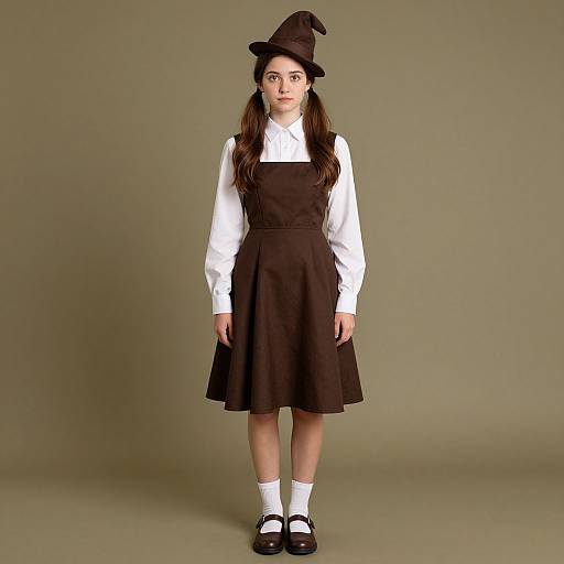 Photograph of a young girl with long brown hair, wearing a black witch hat, white shirt, black pinafore dress, white socks, and