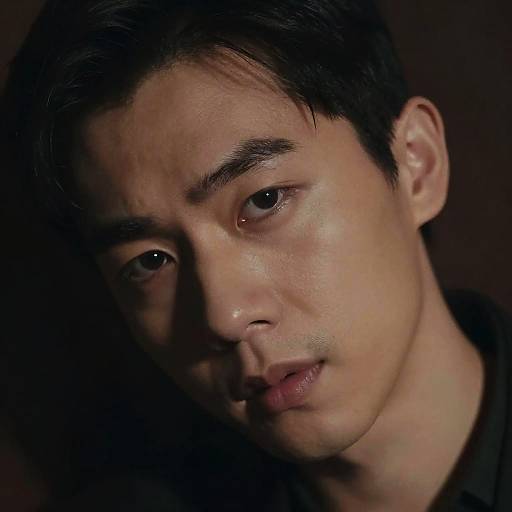 Close-up photograph of a young Asian man with short black hair, slightly shadowed face, and serious expression, wearing a dark shirt.