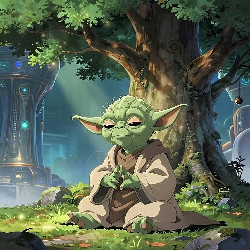 Yoda Meditates Under Futuristic Tree