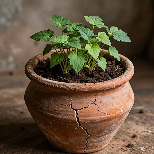Photograph of a cracked, rustic terracotta pot with vibrant green mint plant, set against a blurred, earthy background.