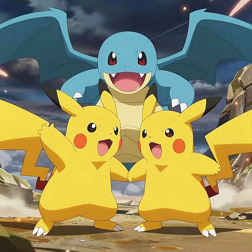 Digital artwork of Pikachu and Raichu standing excitedly in front of a large, smiling blue Dragonite with outstretched wings, against a dramatic