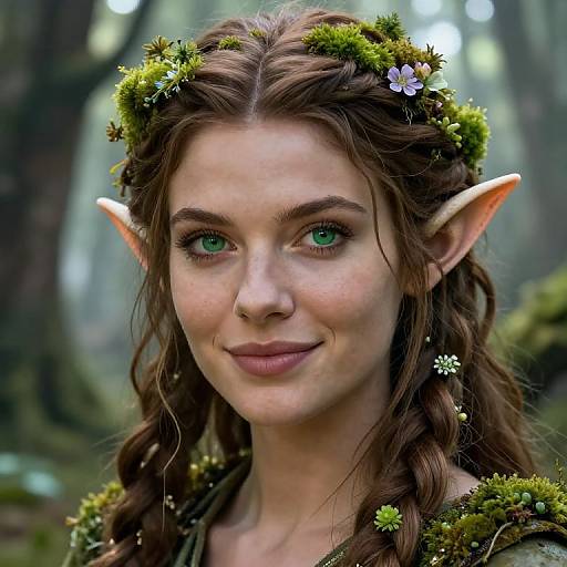 Photorealistic digital portrait of a fair-skinned, green-eyed elven woman with pointed ears, brown braided hair, moss crown, and forest