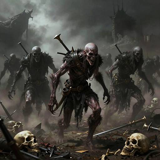 Digital painting of four skeletal, muscular warriors with dark fur loincloths and swords, standing amidst a foggy battlefield littered with skulls and weapons