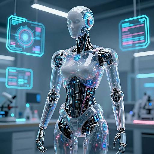 Futuristic Transparent Cyborg in Lab